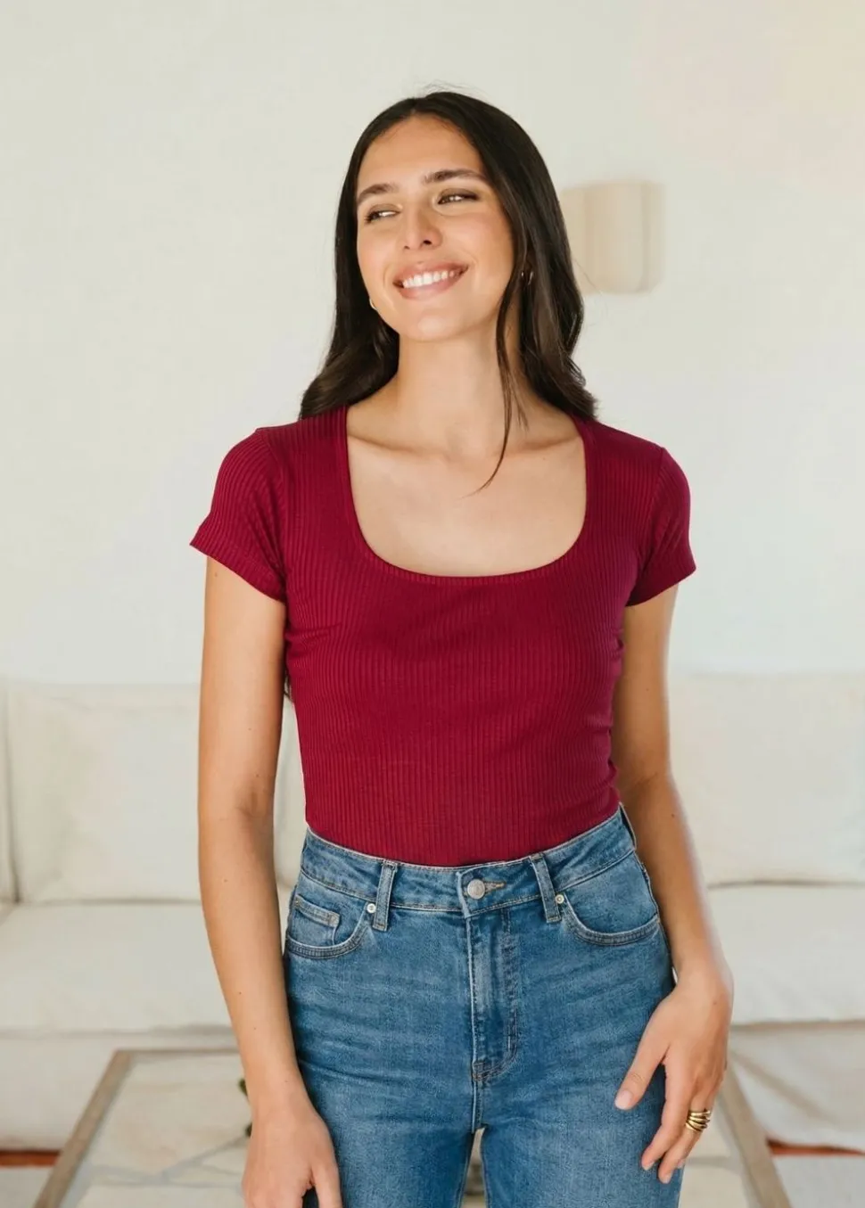Tee-shirt col carré en tencel côtelé "nita" | framboise