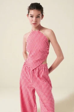 Top en coton bio et matière recyclée | vichy rose rouge "crush backless top - vichy red pink"