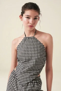 Top en coton bio et matière recylée | vichy noir blanc "crush backless top - vichy black cream"