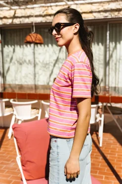 T-shirt boxy en coton bio | rayé rose