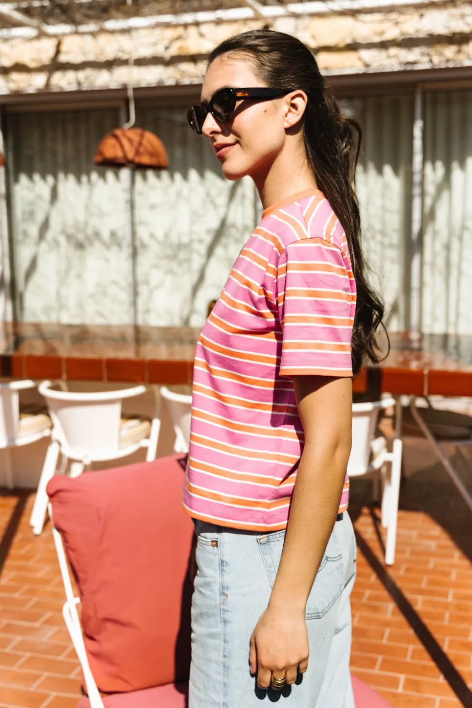 T-shirt boxy en coton bio | rayé rose
