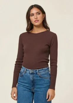 T-shirt manches longues côtelé en coton bio | chocolat