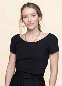 T-shirt noir col ballerine en coton bio - aloe