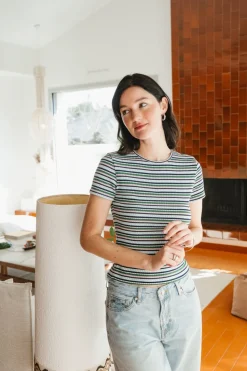 T-shirt rayé en pointelle côtelée upcyclée | multicolore