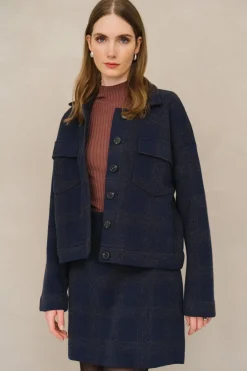 Veste en coton bio et laine | marine "joaalison check - night sky-steel melange"