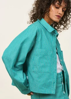 Veste en coton bio et matières recyclées | turquoise "denim stripes crop overshirt mint"